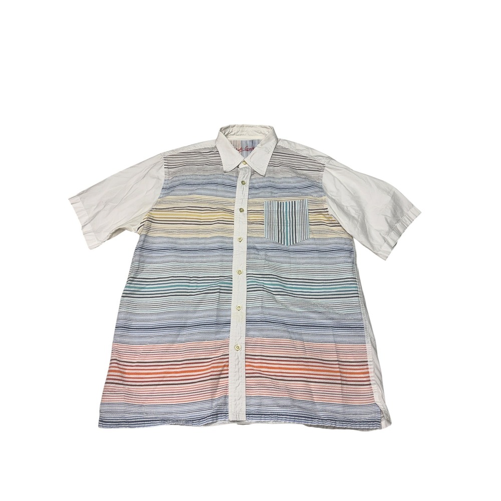 Robert Graham Mens XL Short Sleeve Button Down Shirt Multi Stripe White Cotton